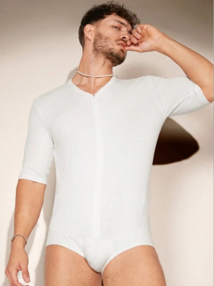 Men's Solid V Neck Zipper Front Romper